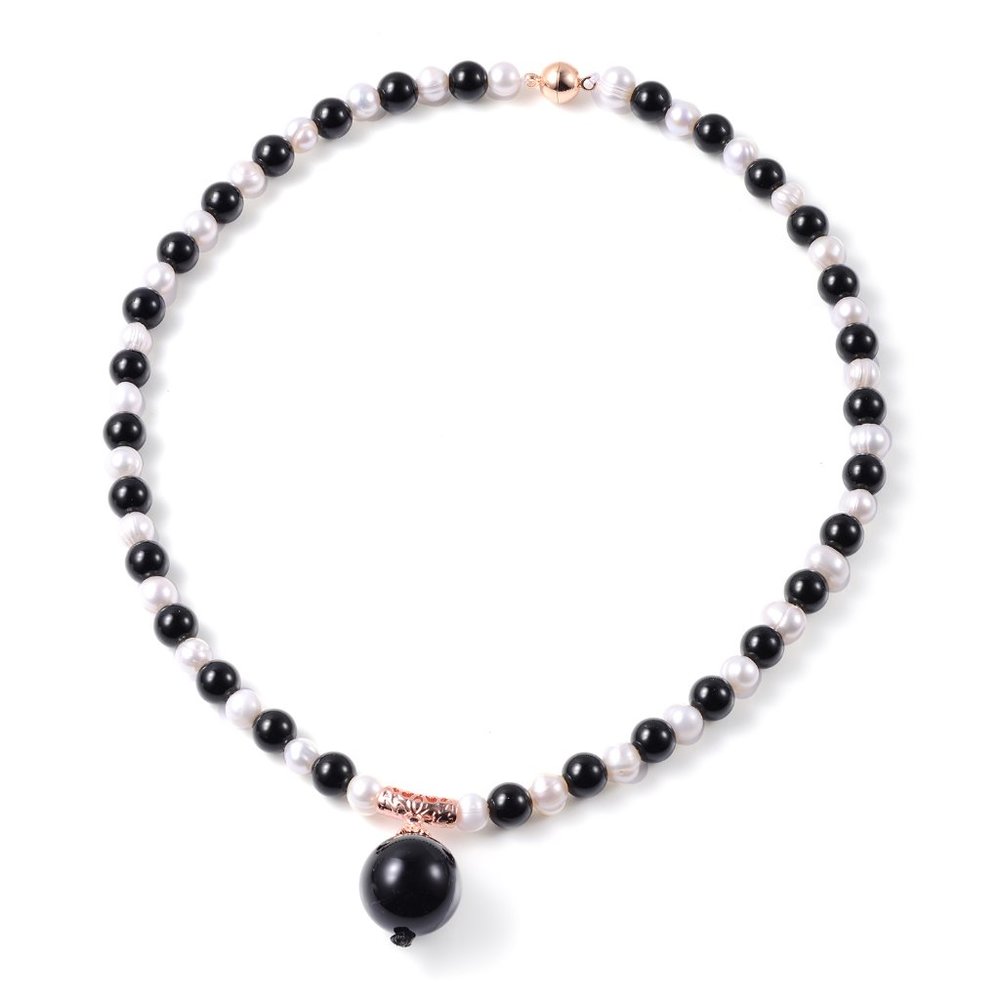 Black Agate and Freshwater Pearl Beads Necklace